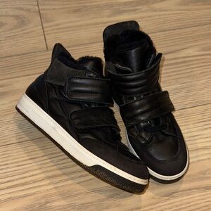 Black High-Top Leather/ Fur Sneakers with Velcro Straps